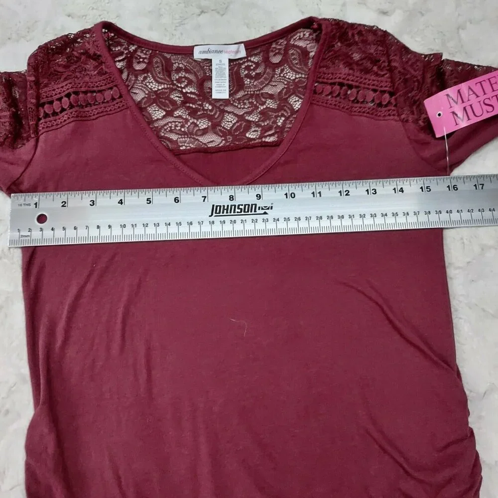 New Ambiance Maternity Top Small V-Neck Ruched Maroon Lace-Detail Long Sleeve